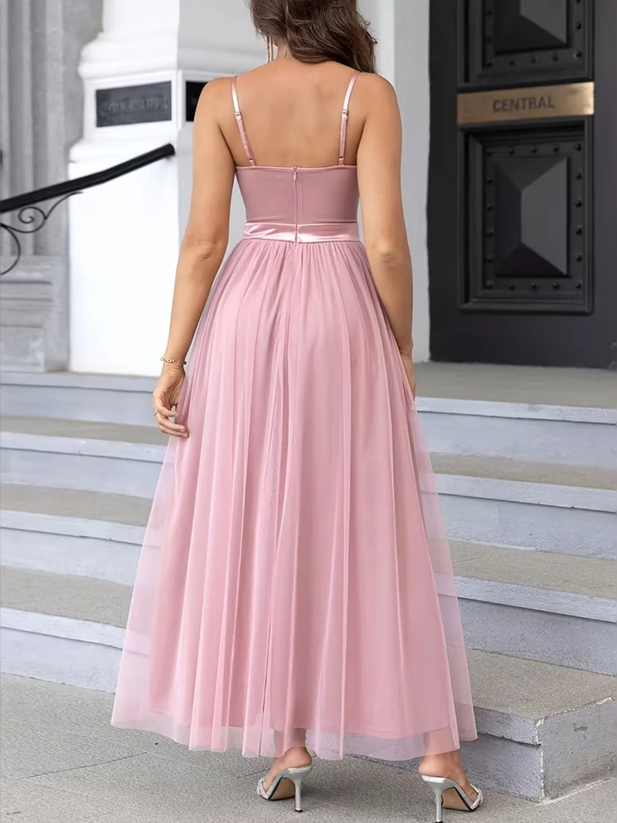 Light pink A-line maxi prom dress, open-back with thin straps