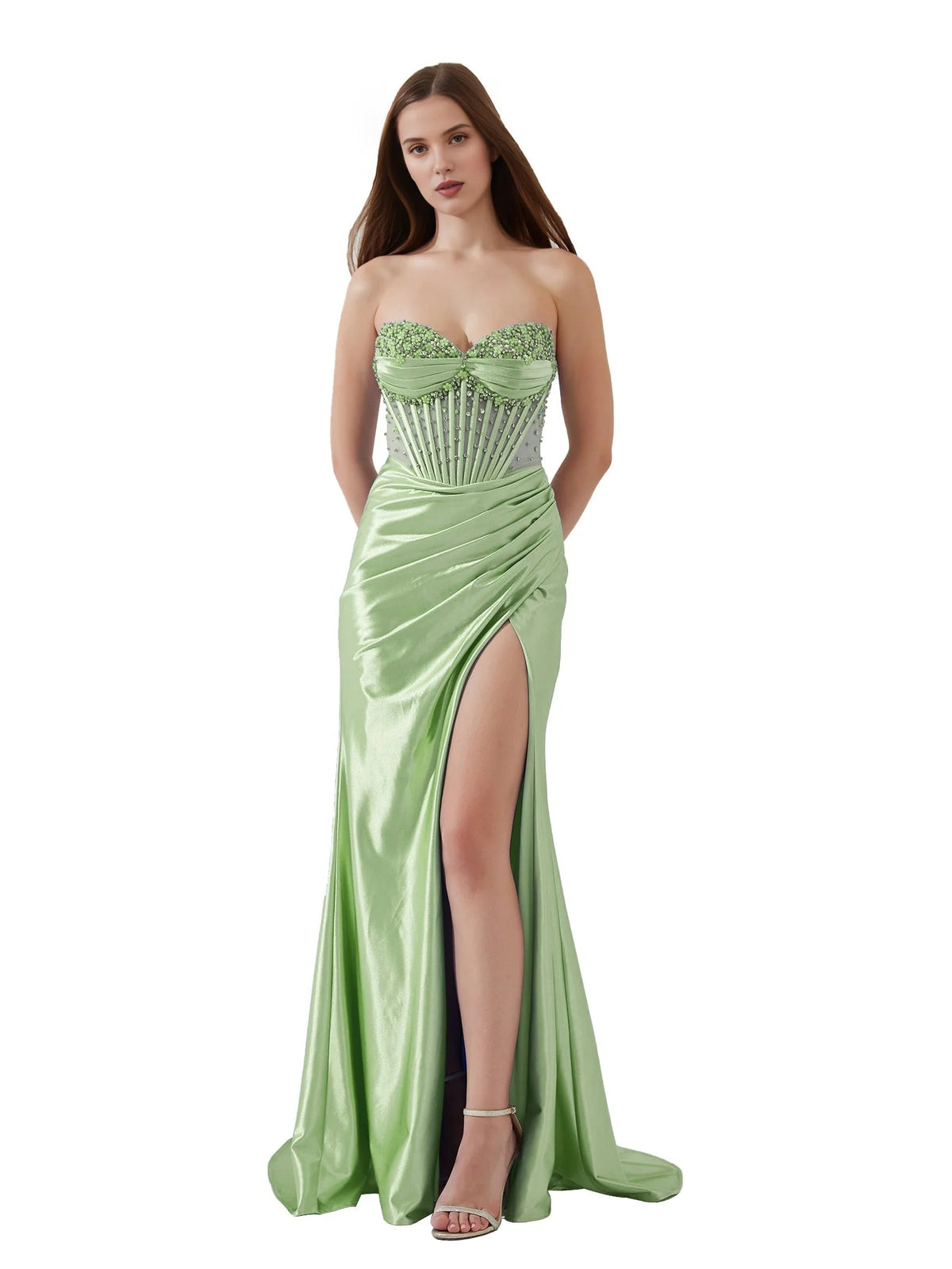 Mint green strapless sweetheart beaded satin mermaid formal dress with side slit