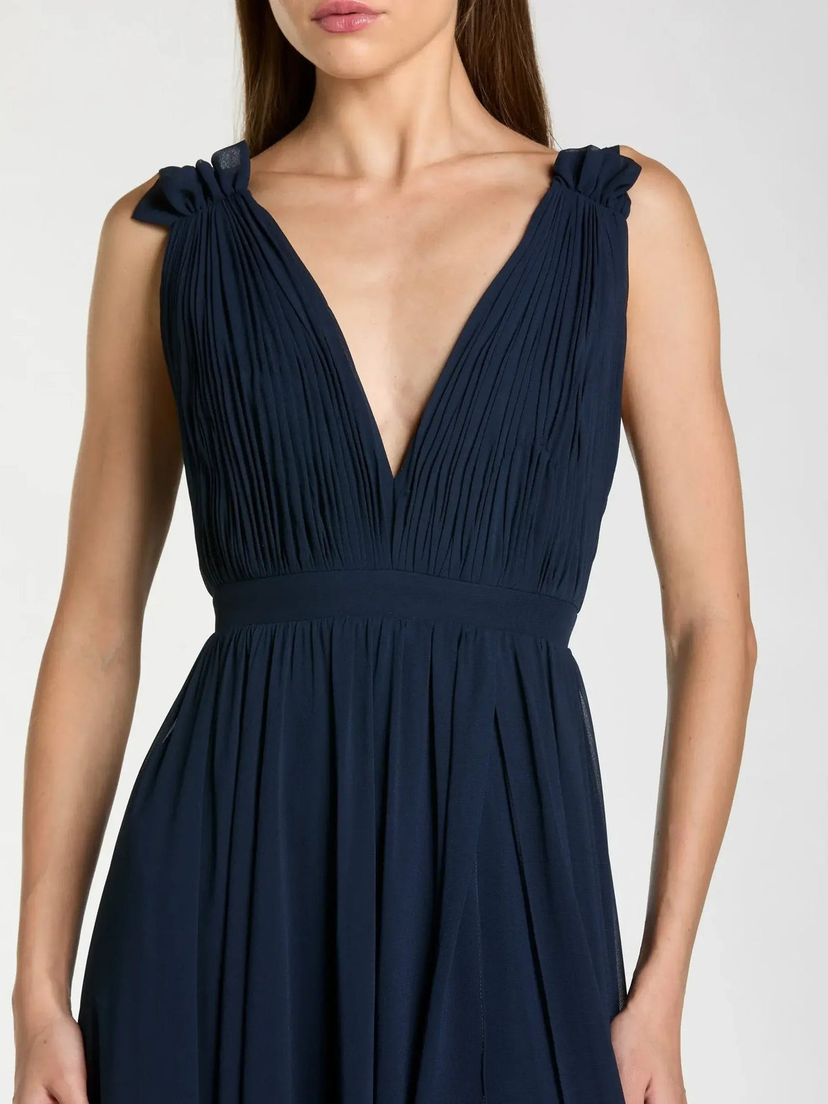 Dark navy V-neck ruched formal maxi dress with gathered shoulder ruffles