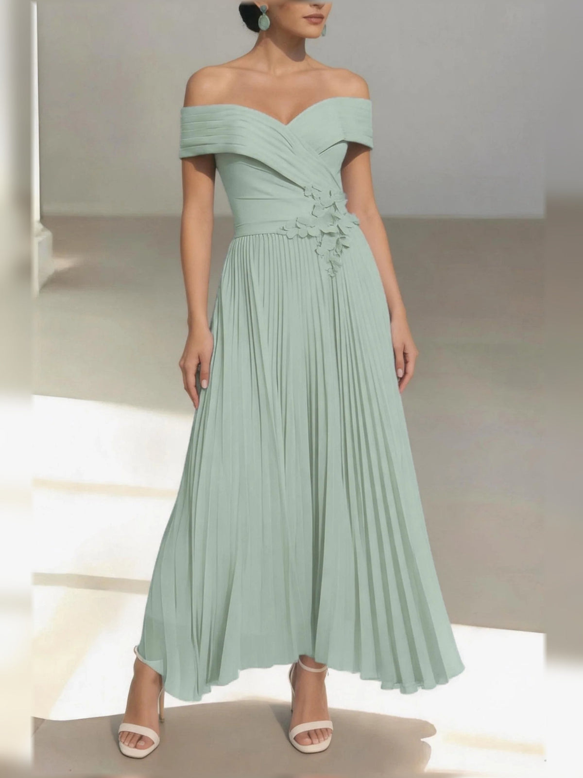 Dusty sage one-shoulder A-line satin midi dress with ruched bodice and pleated skirt