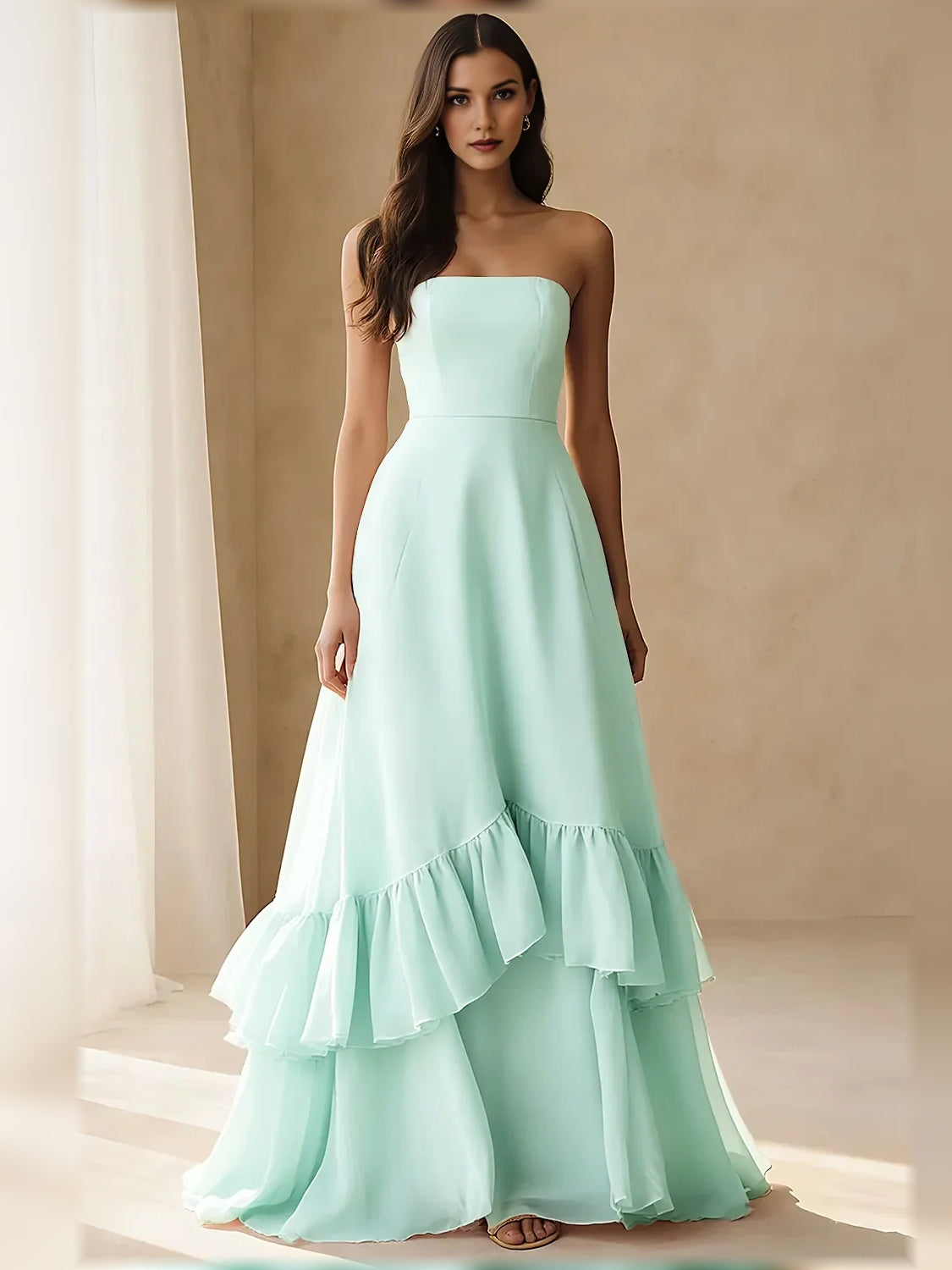 Strapless tiered ruffle A-line formal dress in mint green chiffon, front view
