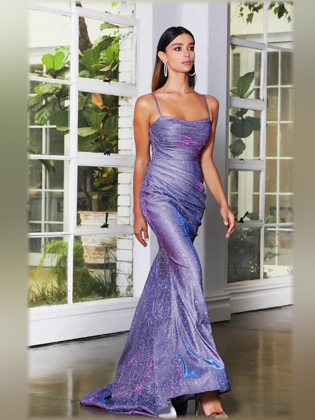 Blue-purple glitter spaghetti-strap mermaid formal dress with ruched bodice