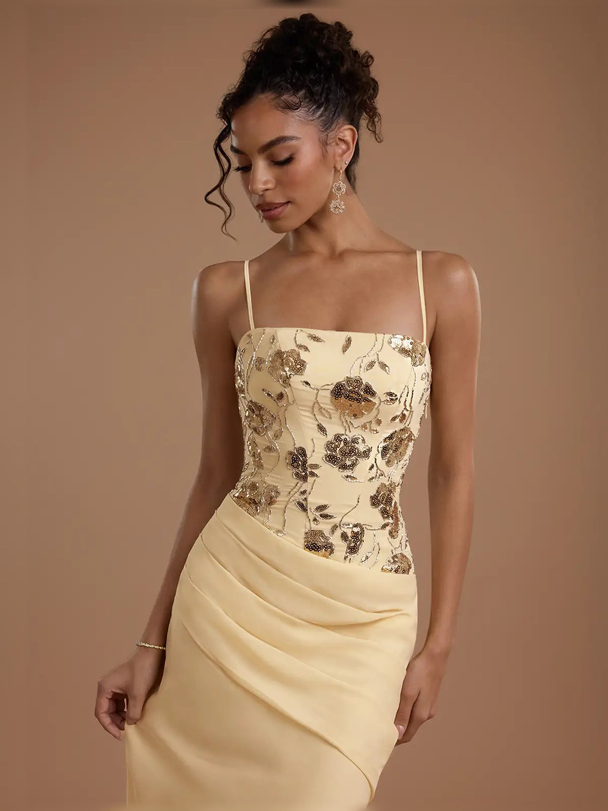 Cowl neck midi formal dress with ruching and slit, pale lemon strap dress with sequin-like print