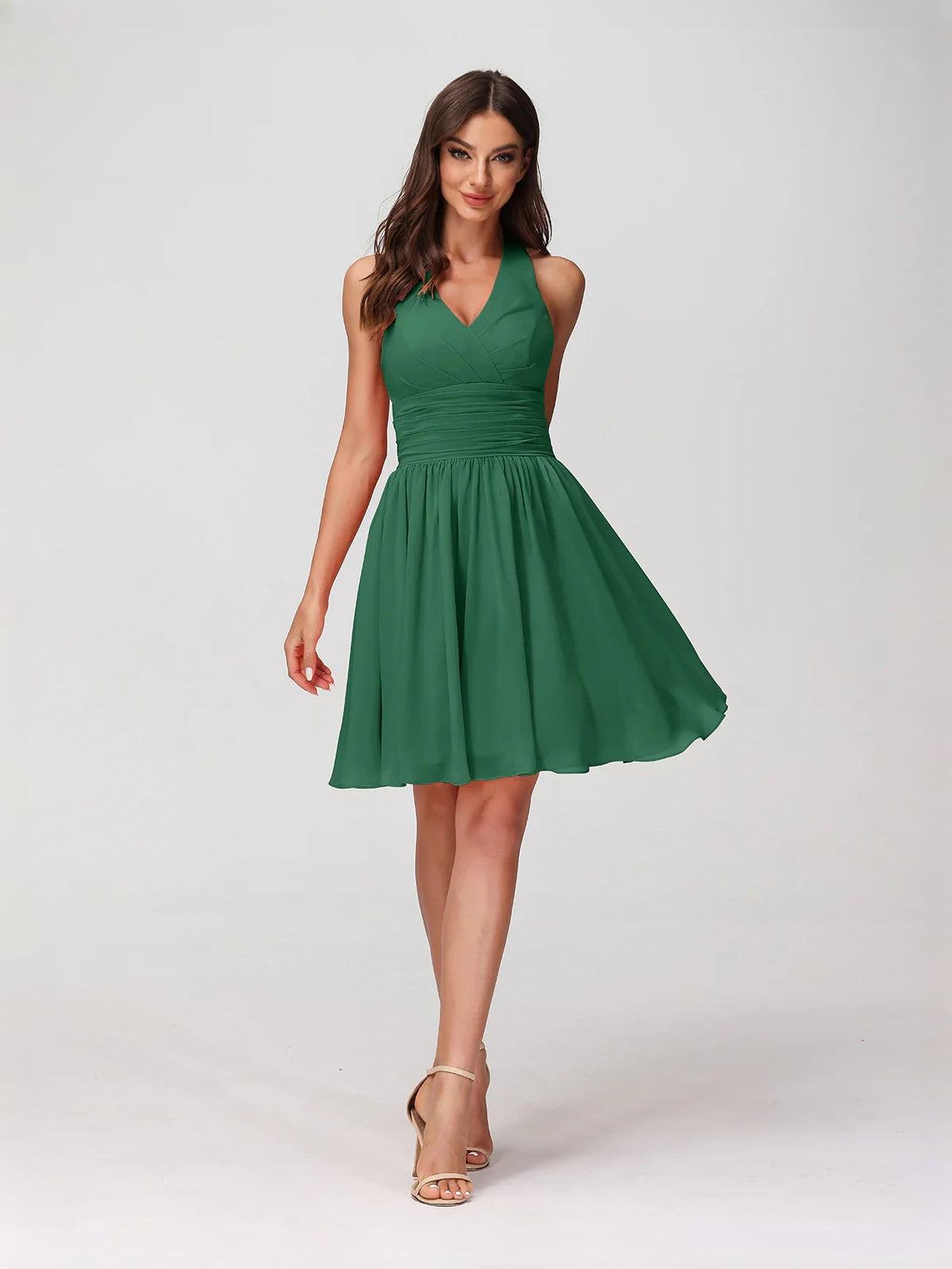 Green halter A-line mini dress with V neck and ruched waist, chiffon, sleeveless