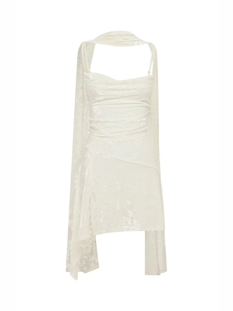 White scoop-neck mini dress, sleeveless with draped waist and asymmetrical hem