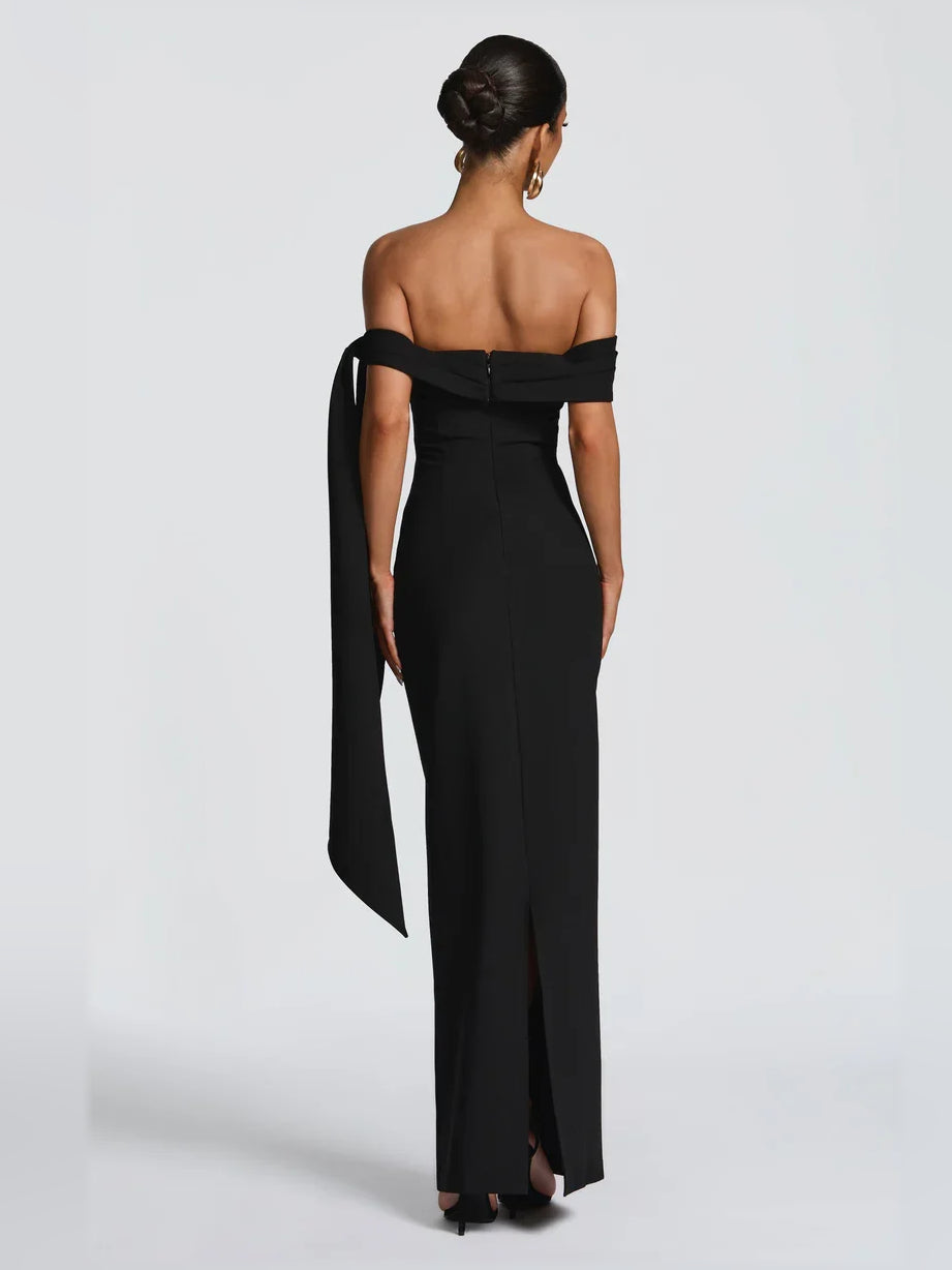 Black off-shoulder sheath maxi dress with long back bow-tie panel