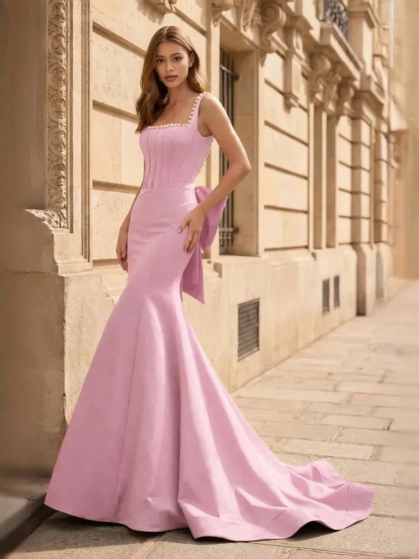 Pink corset bow square-neck mermaid satin prom dress with pearl-trim straps