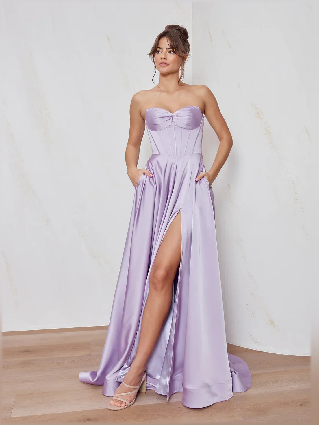 Lilac strapless corset A-line maxi dress with sweetheart bow and front slit