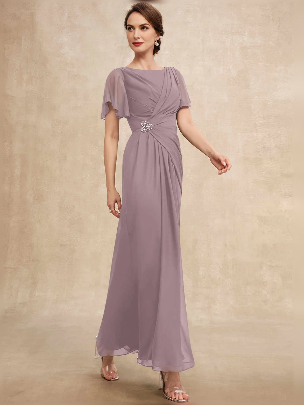 Dusk mauve chiffon A-line maxi dress with bateau neckline, ruched drape waist and flutter sleeves