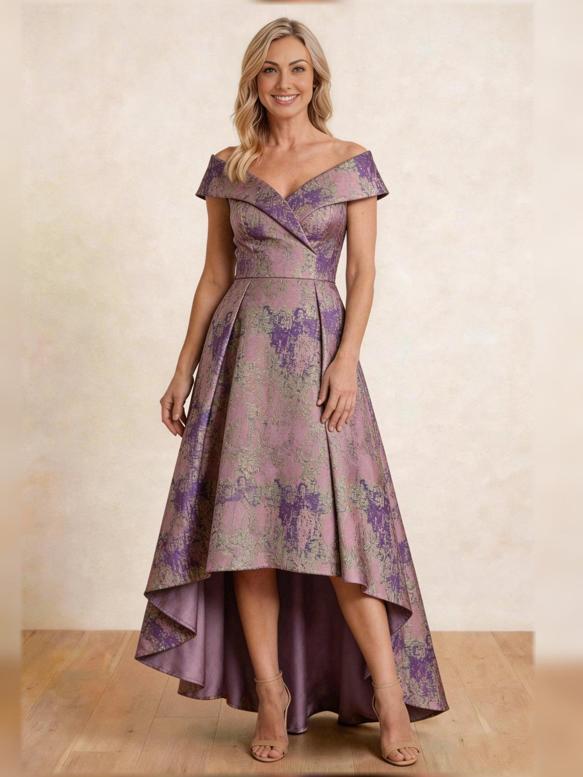 Purple floral off-shoulder A-line high-low dress with asymmetrical pleated hem