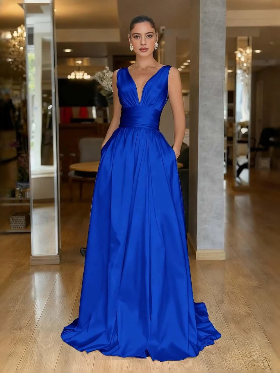 Royal blue V-neck A-line prom dress with ruched pleats, sleeveless floor-length skirt
