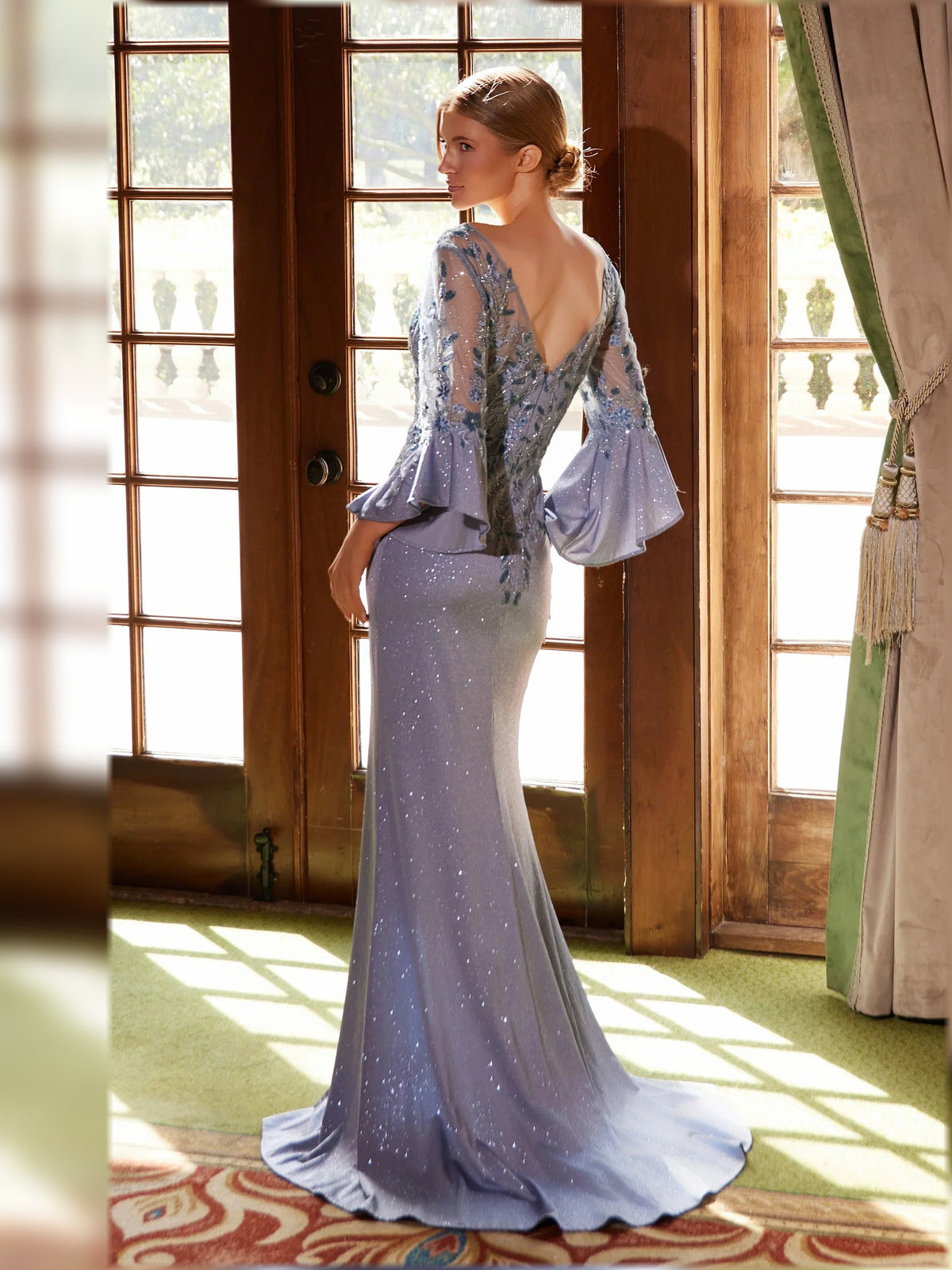 Dusty blue sequin V-neck sheath maxi dress with flared bell sleeves and side slit