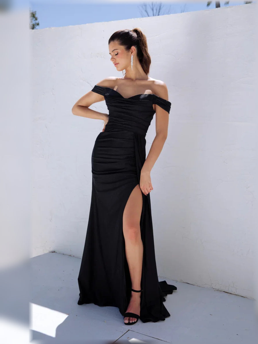 Black off-shoulder formal dress with ruched design and thigh-high slit maxi skirt.