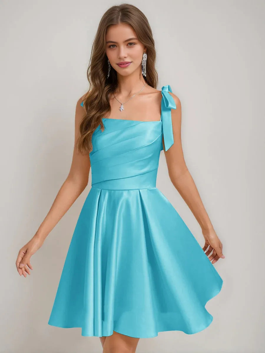 Caribbean blue satin corset-style square neck A-line short dress with bow shoulder straps.