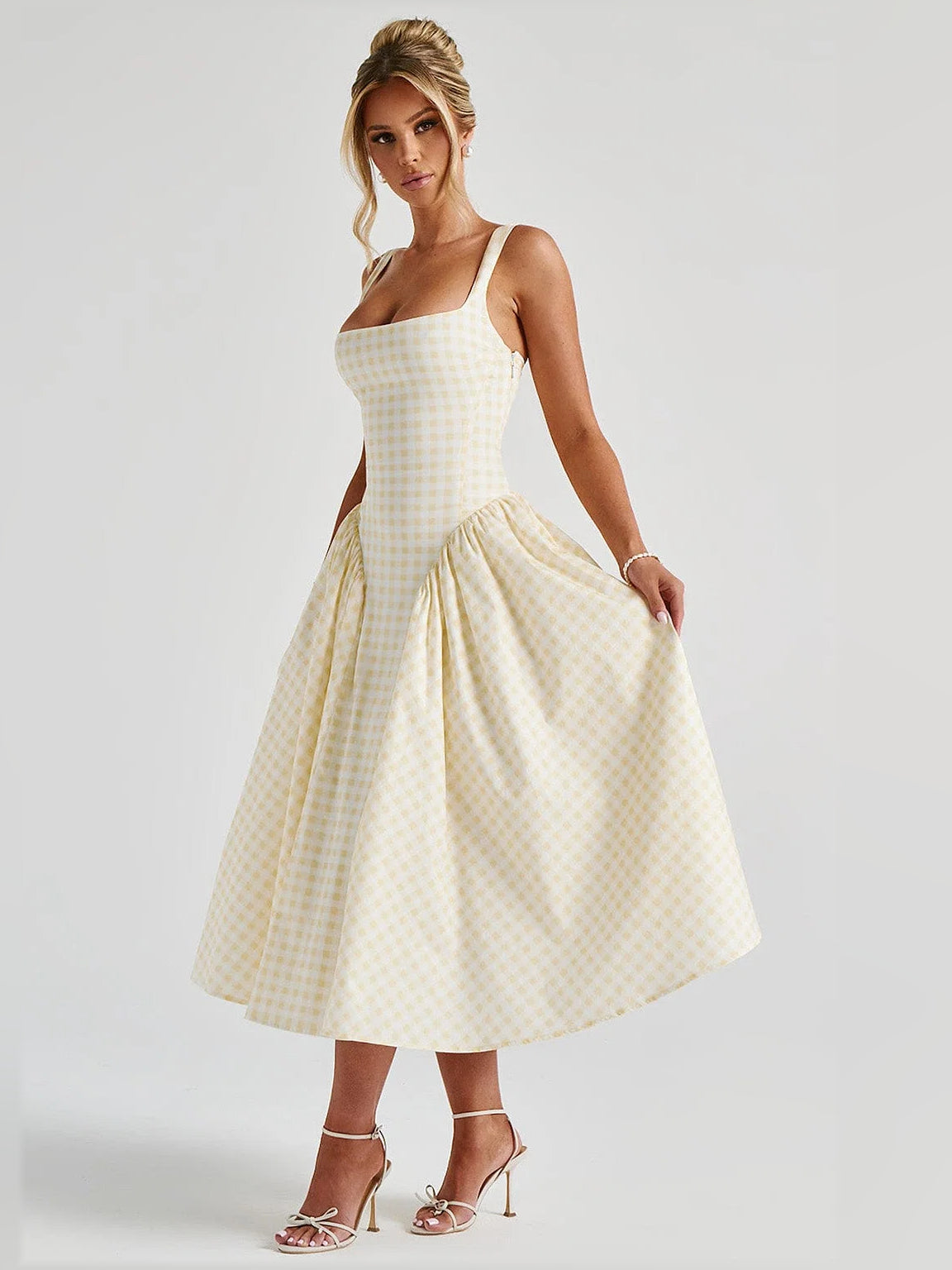Lemon gingham midi formal dress with thin straps, square neckline, and gathered skirt volume