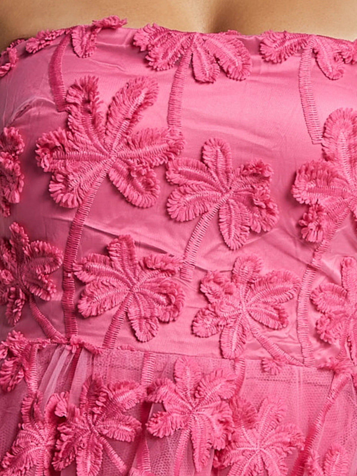 Pink midi formal dress with embroidery, alternate view showing the shoulder line