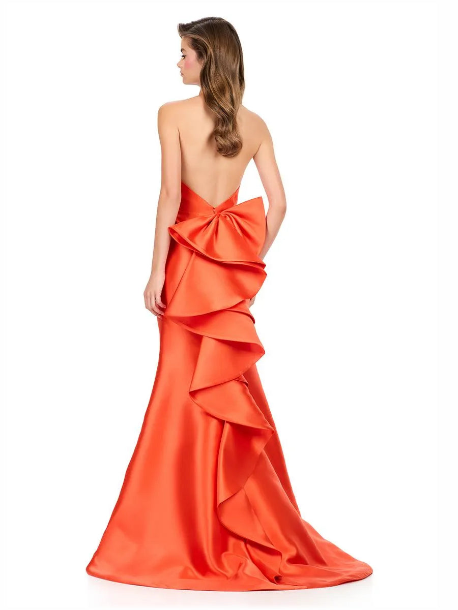 Orange-red satin halter corset ruffle floor-length gown with tiered ruffles