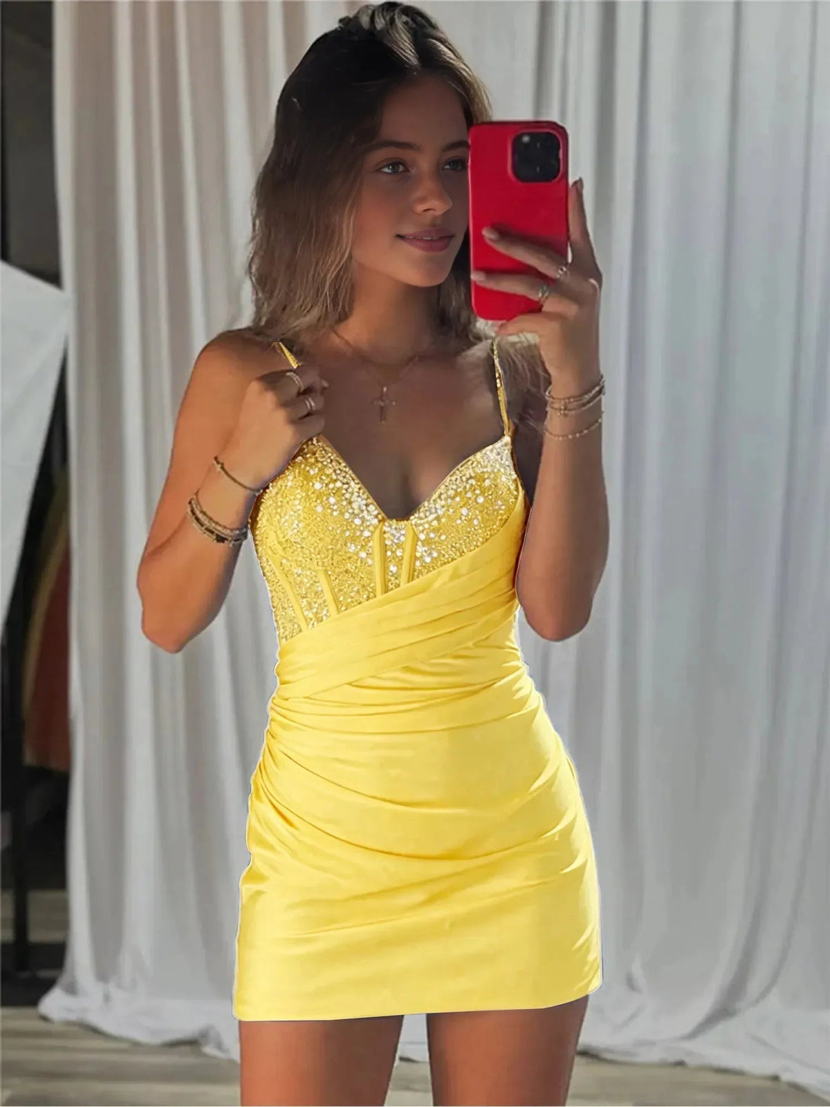 Yellow satin ruched mini dress with corset V-neck and sparkling spaghetti straps