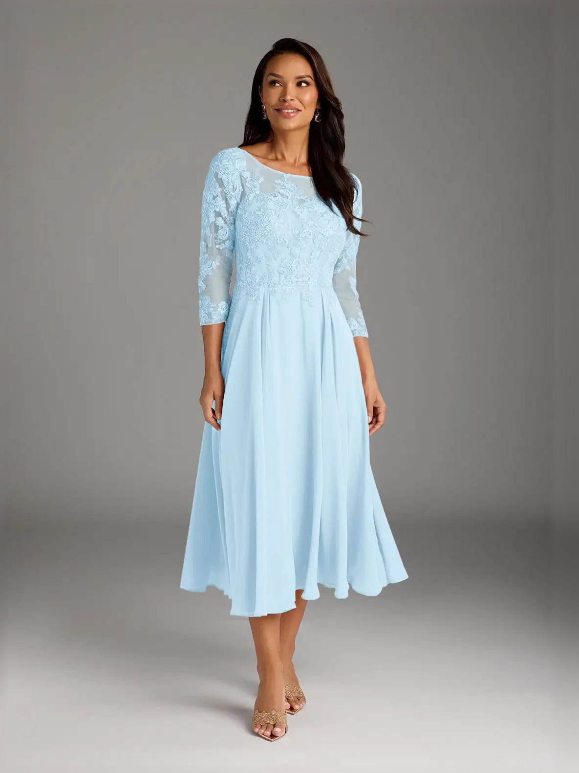 Women’s sky blue midi chiffon dress with lace 3/4 sleeves and draped scoop neckline