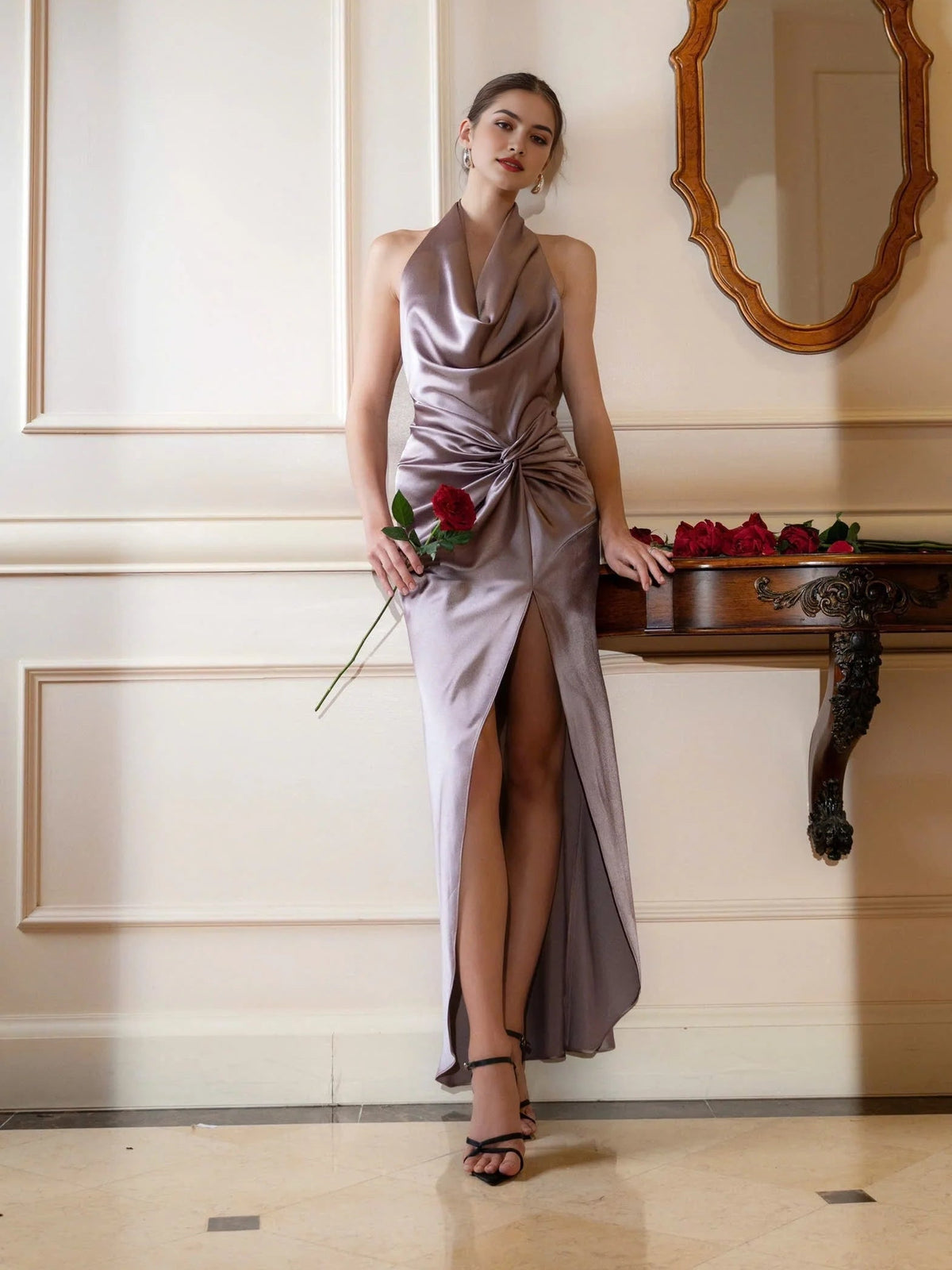 Taupe-gold satin prom maxi dress with draped cowl neckline and front slit, side view
