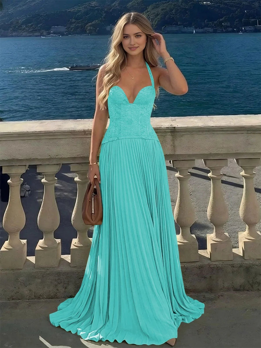 Teal pleated sweetheart A-line maxi chiffon dress with corset bodice