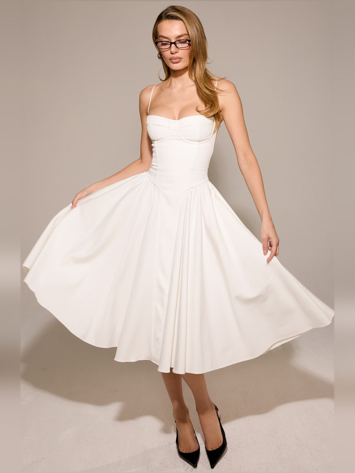 White corset midi formal dress with structured cups and full A-line skirt