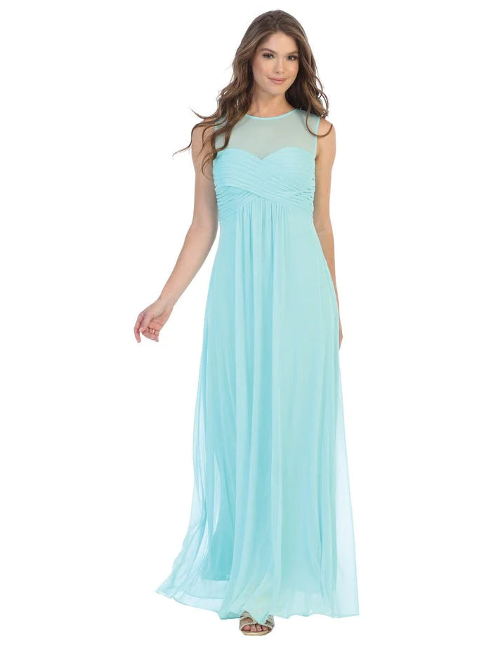Mint green chiffon A-line maxi dress with sleeveless illusion neckline and draped bodice.