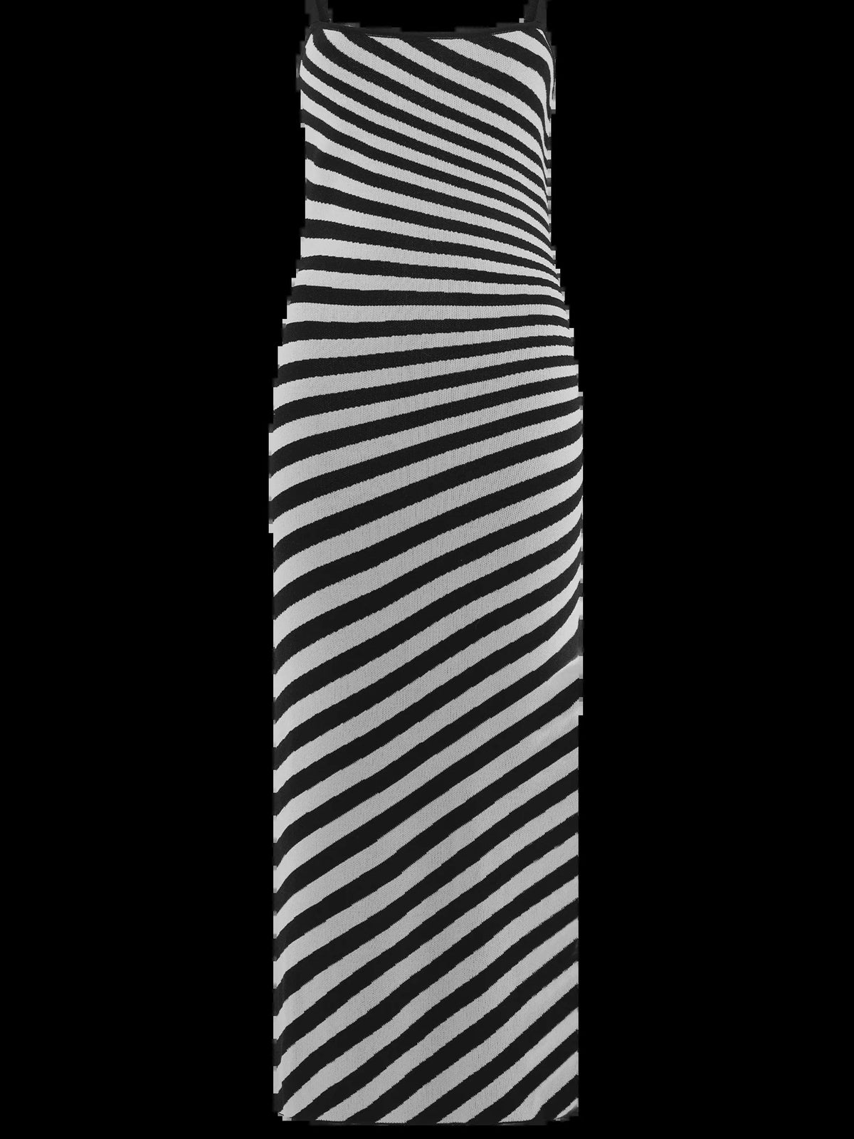 Black-and-white striped knit midi dress on hanger, sleeveless with curved striped pattern