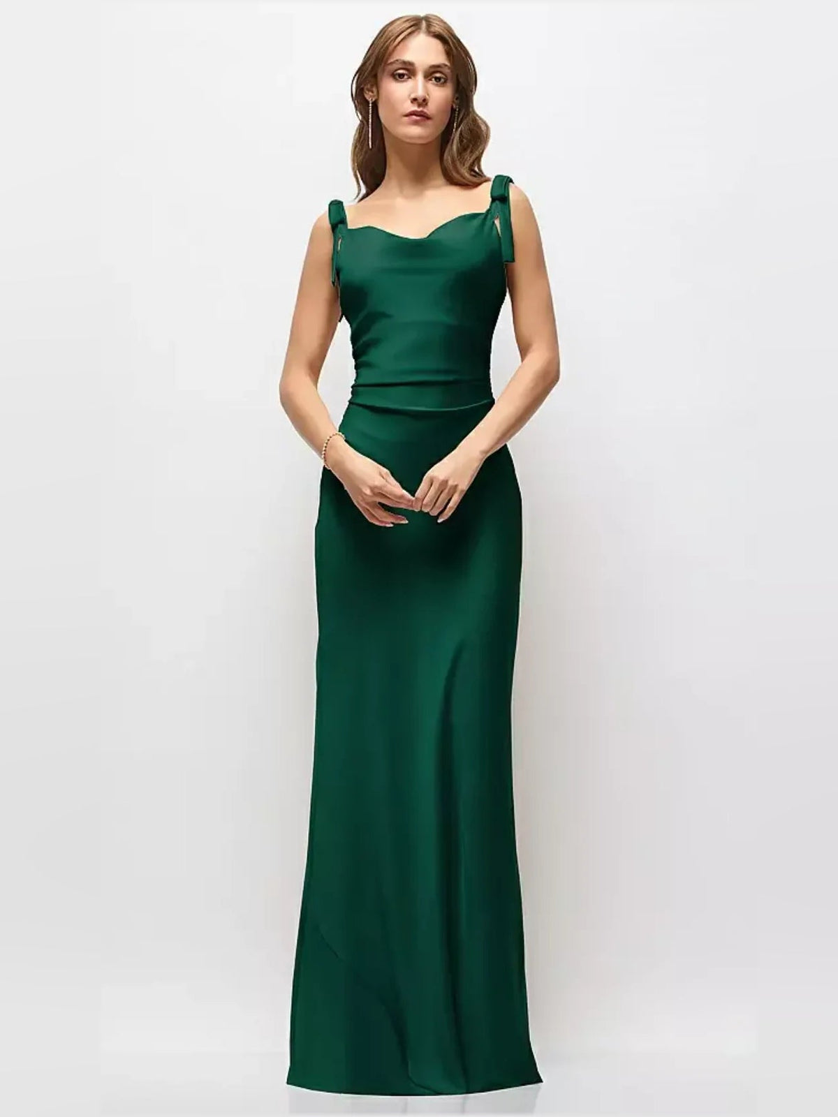 Ruched satin maxi dress with bow spaghetti straps, dark green