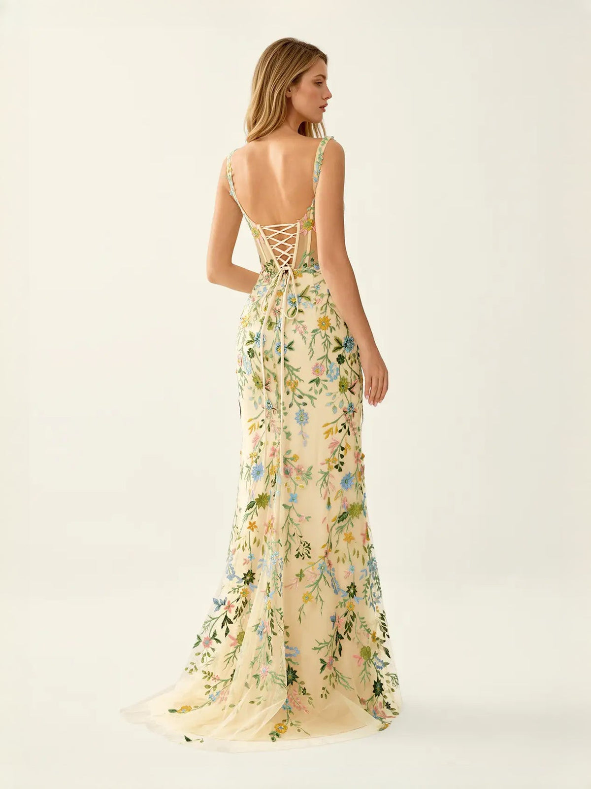 Pale lemon floral embroidered mermaid maxi tulle dress with corset lace-up back