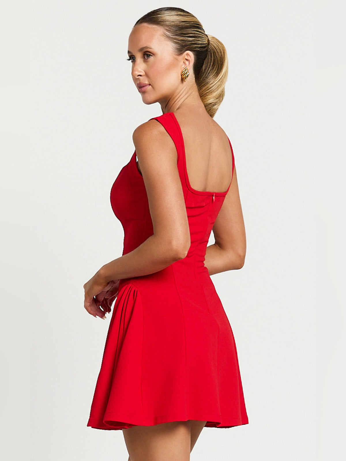 Red back view fit-and-flare mini dress with square back and sleeveless cut
