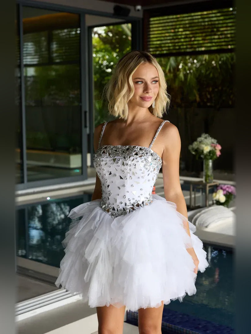 White beaded mini A-line tulle dress with straight neckline, spaghetti straps, tiered skirt