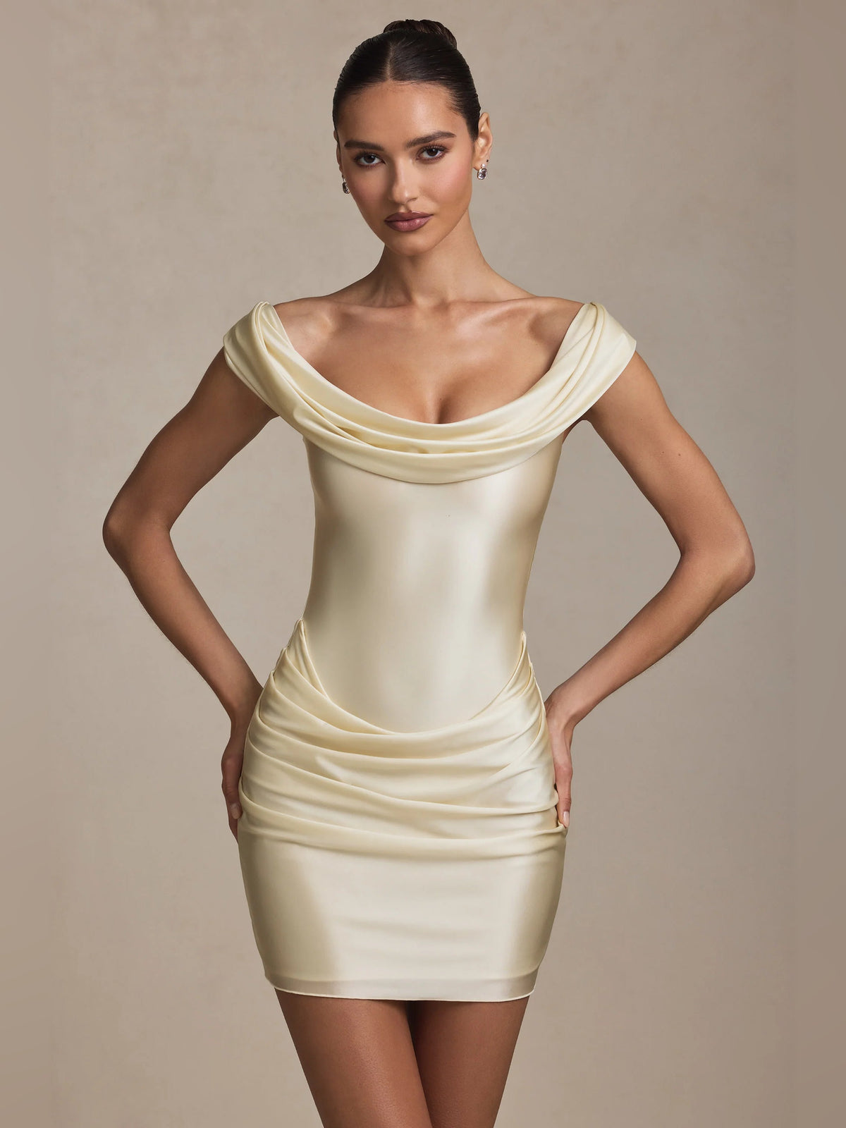 Ivory draped off-shoulder mini dress, front view with cowl-like neckline detail