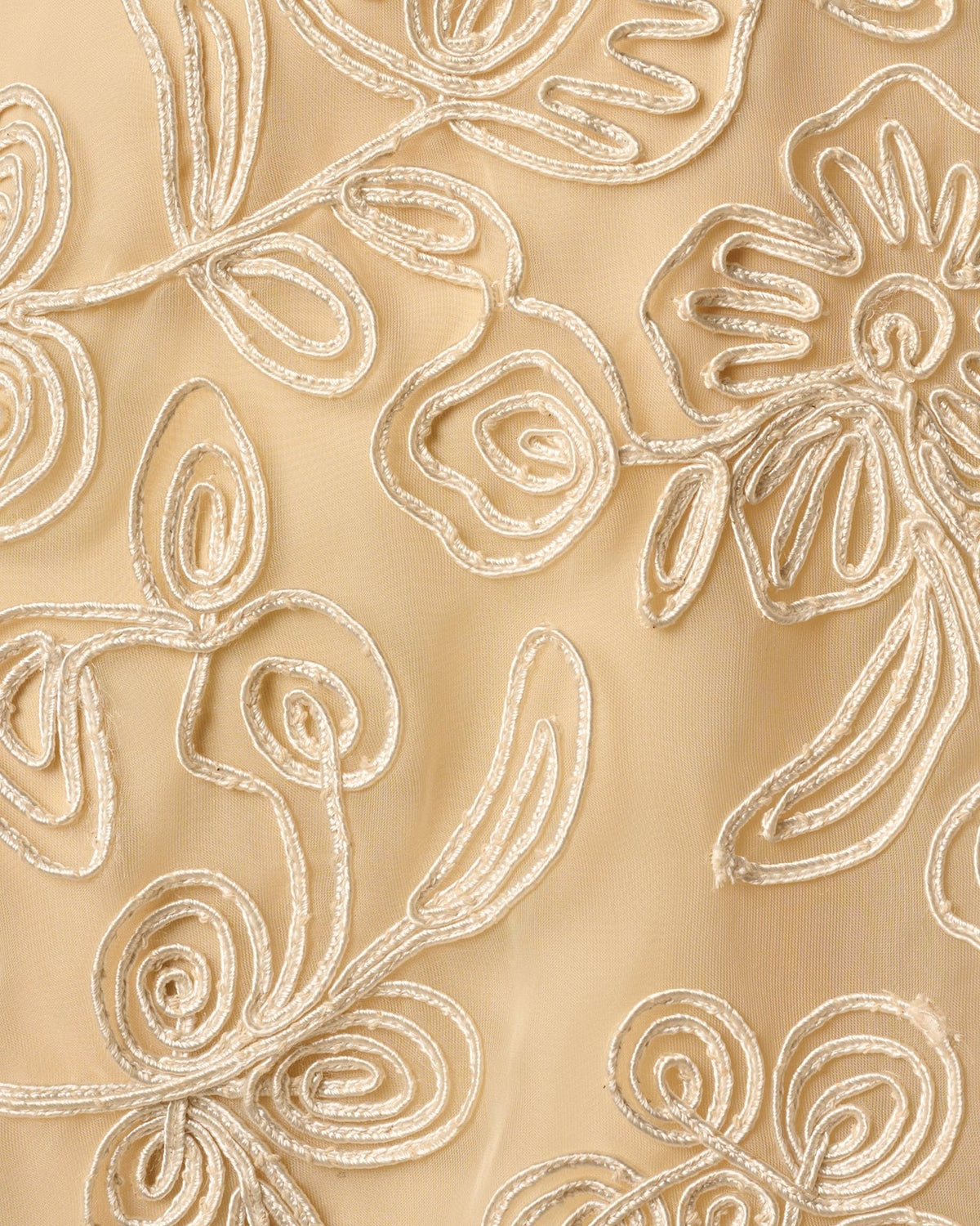 Pale yellow fabric with raised metallic-gold floral pattern embroidery