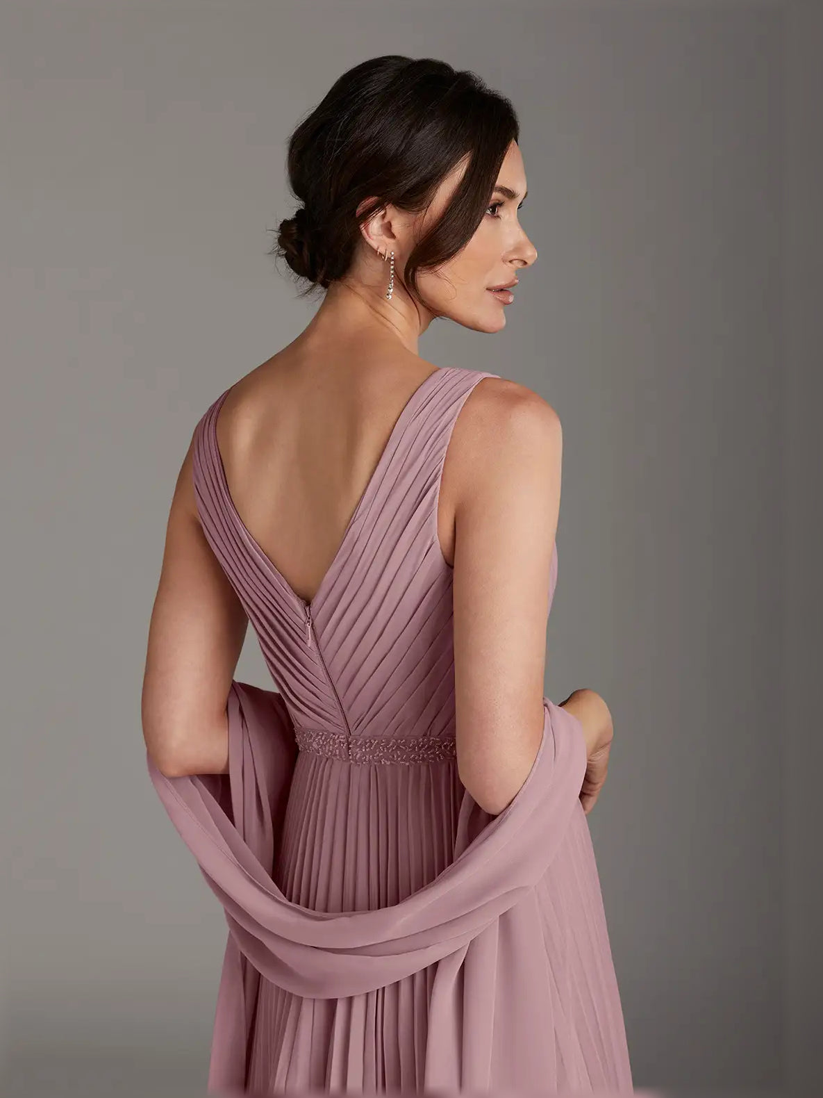 Dusty rose pleated chiffon maxi dress back view with draped chiffon detail