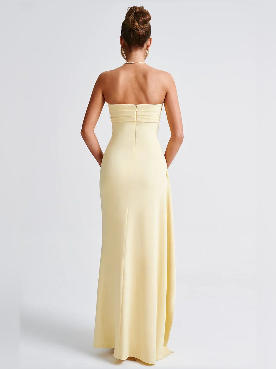 Lemon one-shoulder ruffle slit floor-length formal dress, open back and long skirt