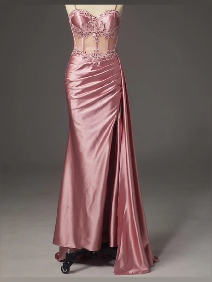 Rose gold satin floor-length prom dress with sweetheart lace bodice and front slit