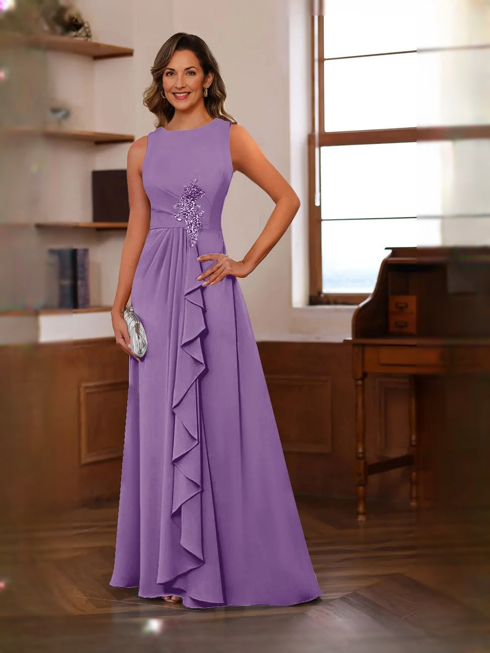 Sleeveless A-line floor-length chiffon mother-of-the-bride dress in purple with ruffled front detail