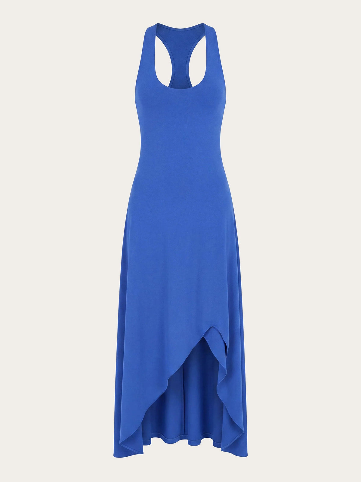 Cobalt blue sleeveless asymmetrical midi dress on hanger, scoop neck, open back