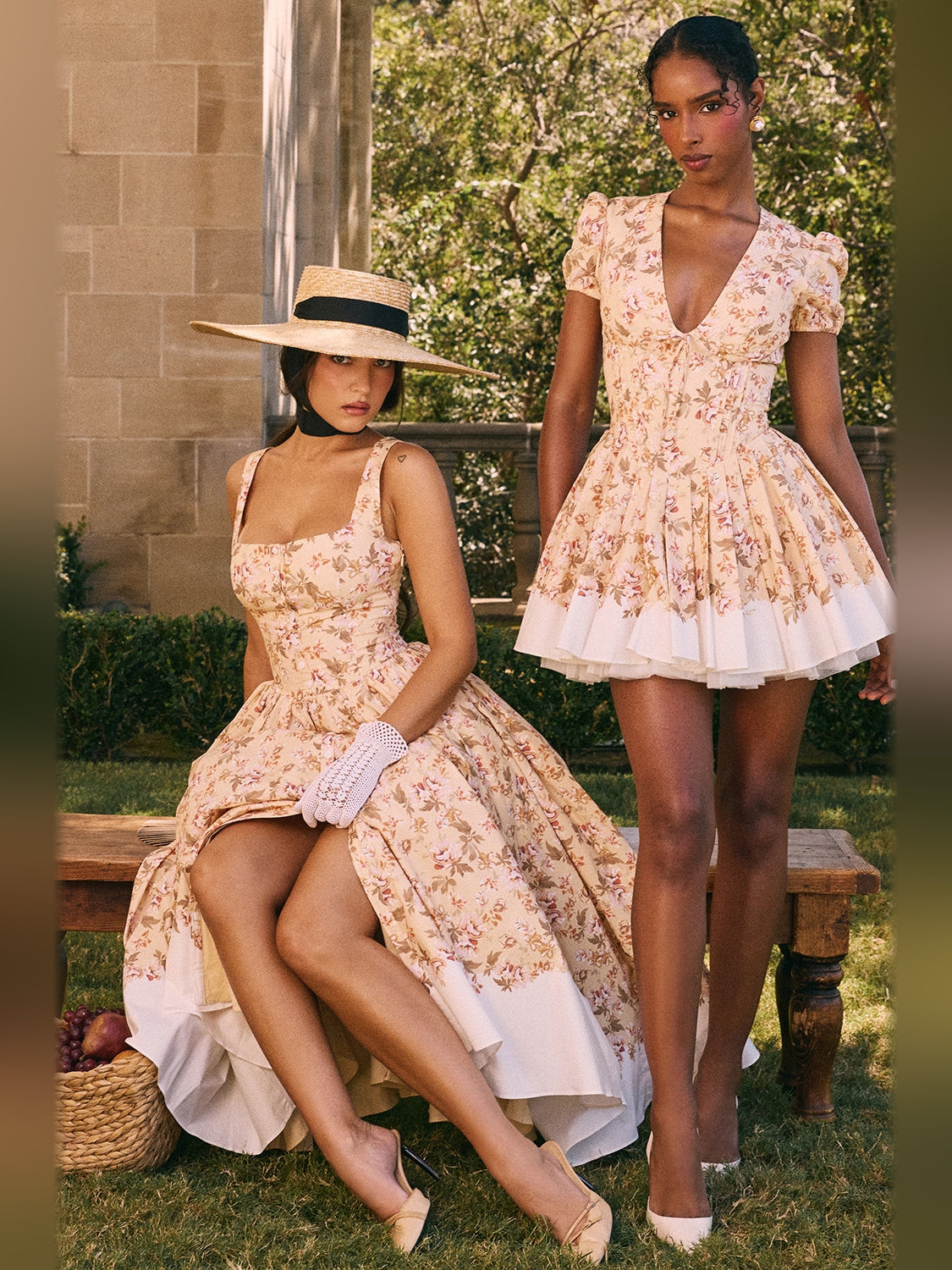 Floral pleated mini dress with puff sleeves and layered white skirt hem