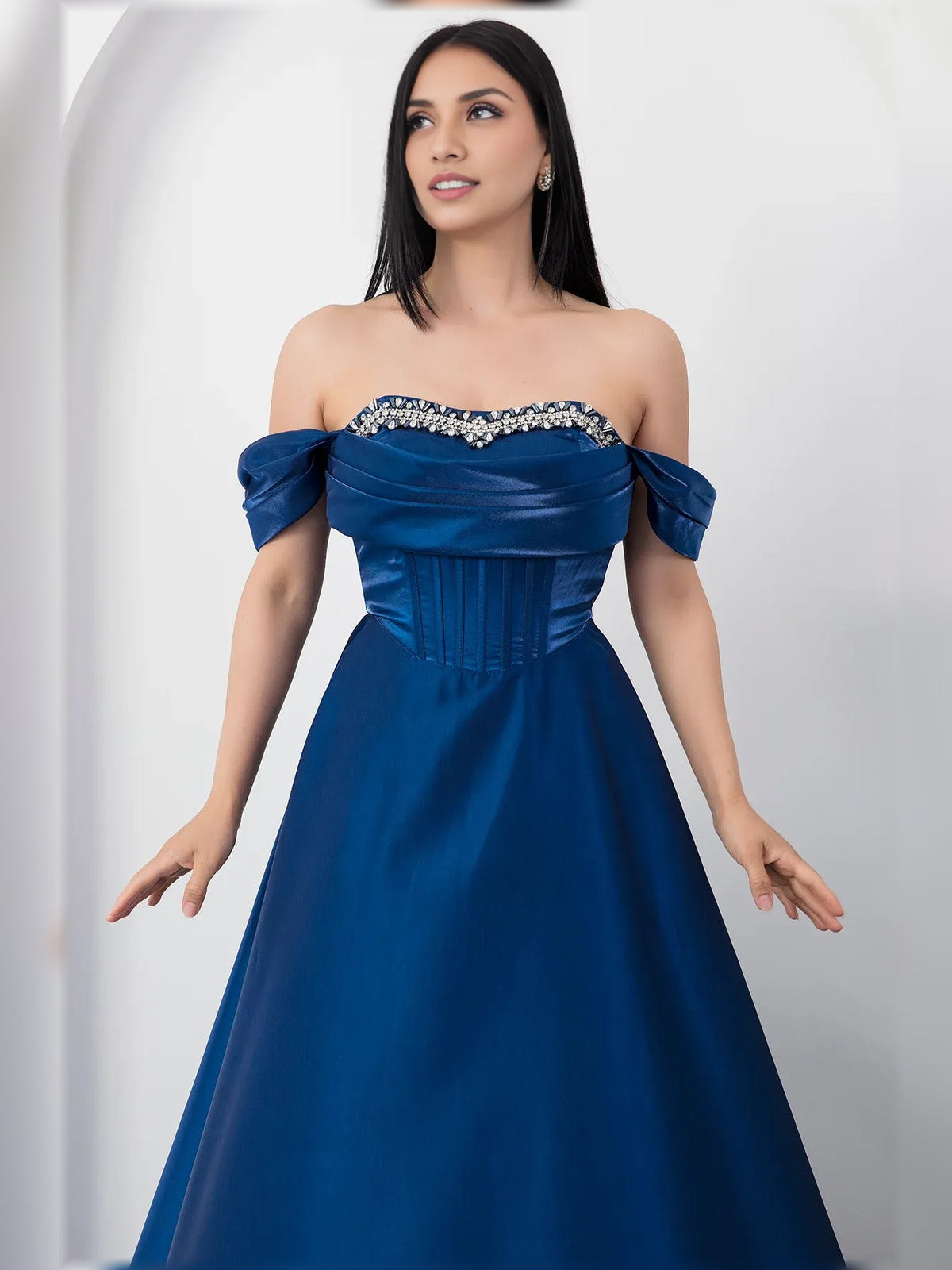 Dark blue off-shoulder corset formal dress with beaded neckline, floor-length skirt