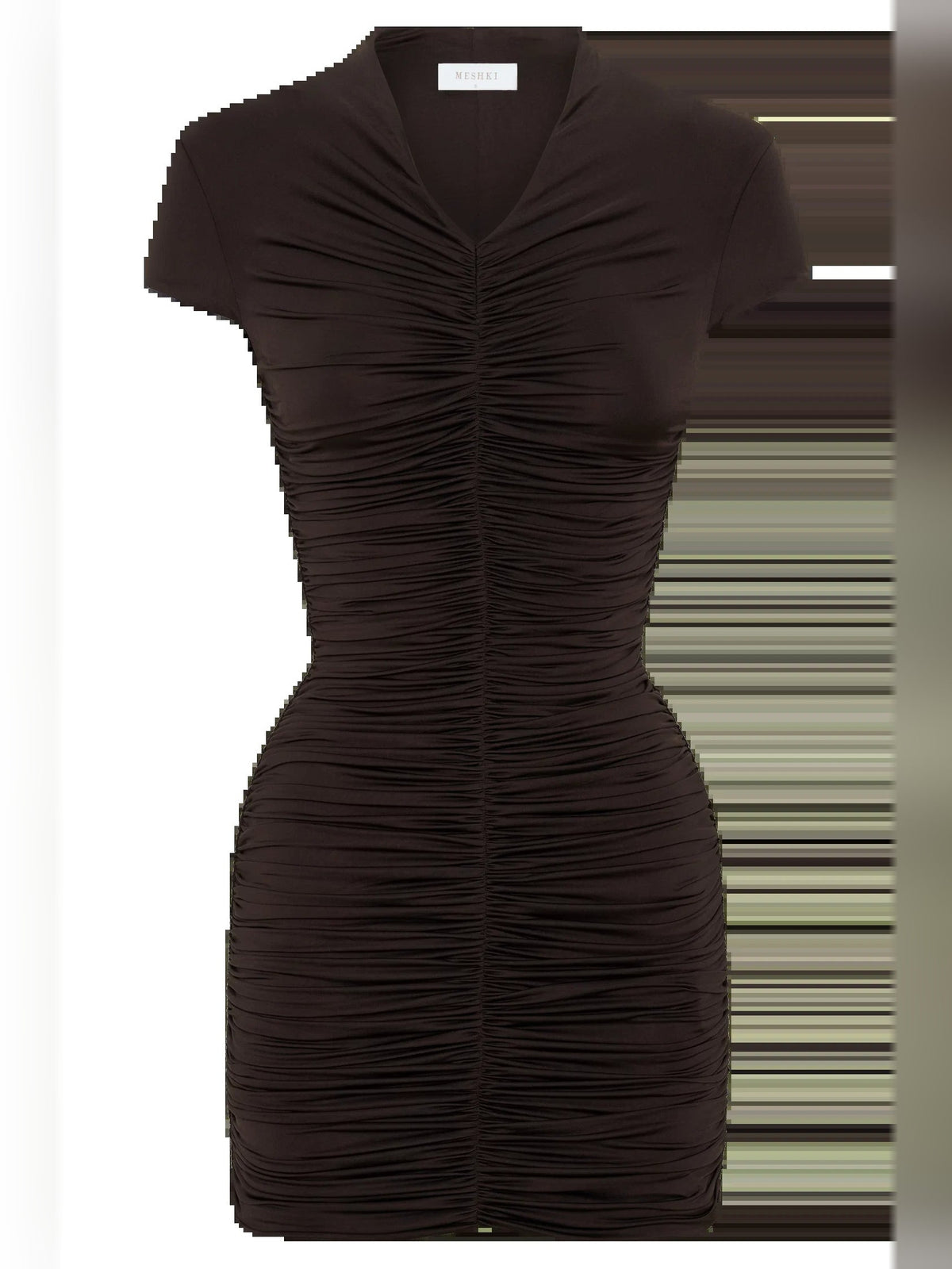 Chocolate ruched mini dress front with V-neck and gathered center