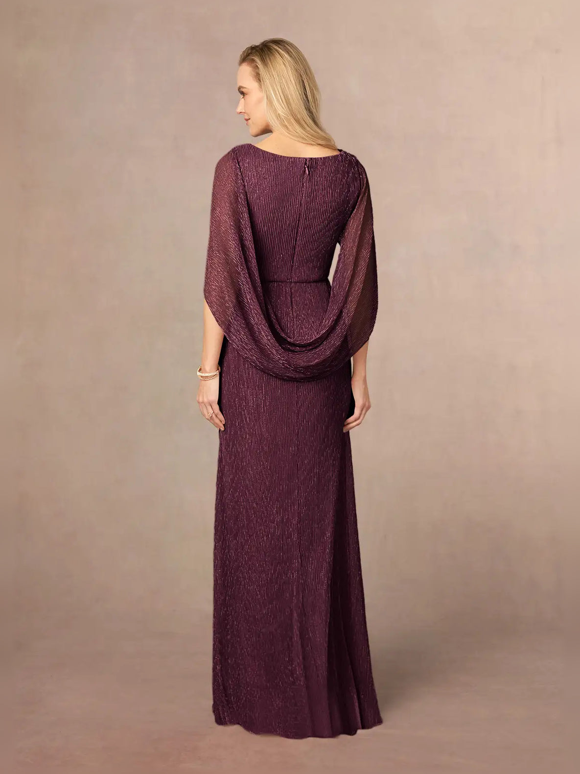 Cabernet ruched scoop-neck maxi dress with draped open-back and elbow sleeves