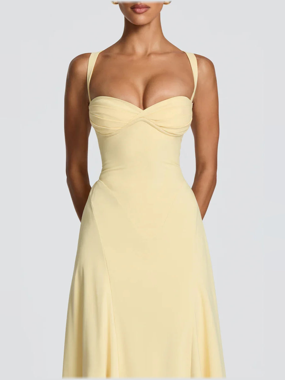 Lemon sweetheart corset formal dress with crossover neckline, spaghetti straps