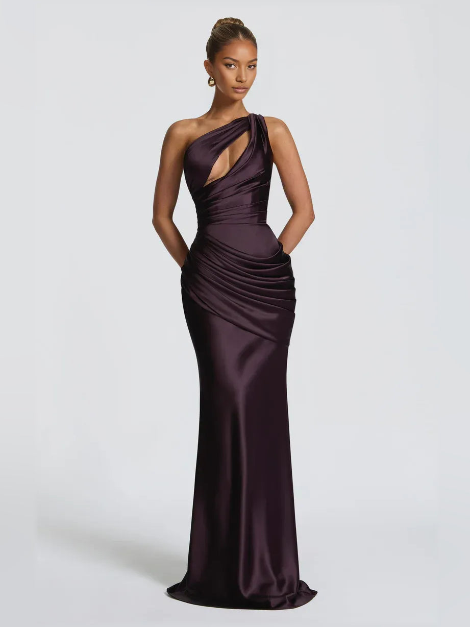 Plum one-shoulder formal dress with draped ruching and open neckline detail