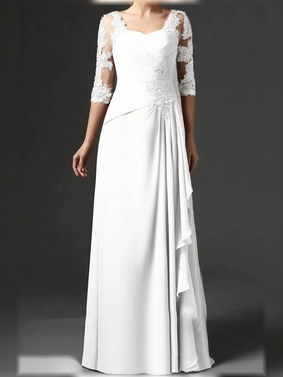 White chiffon mother of the bride dress with square neck, lace sleeves, draped ruched waist