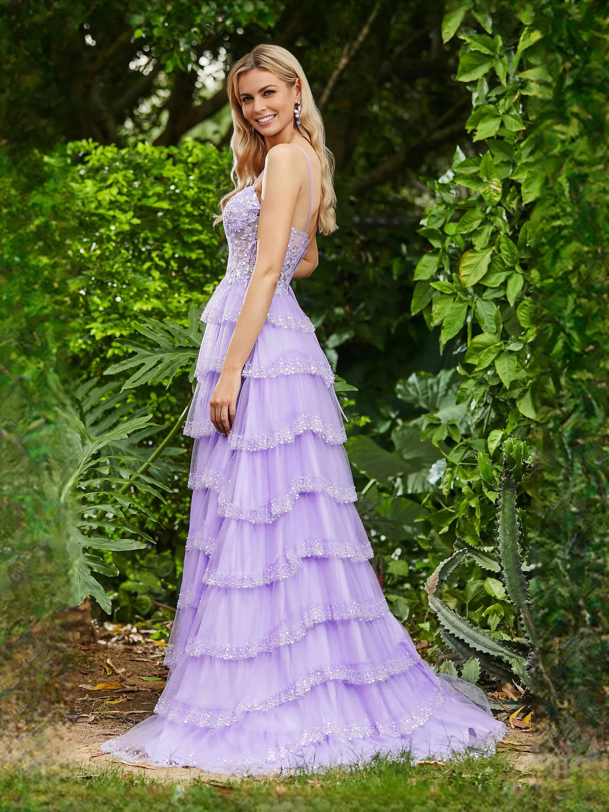 Lilac sweetheart corset prom dress with layered tulle tiers and front slit