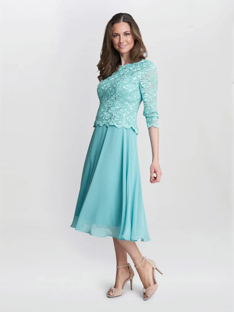 Mint green sequin A-line midi chiffon mother-of-the-bride dress, side view