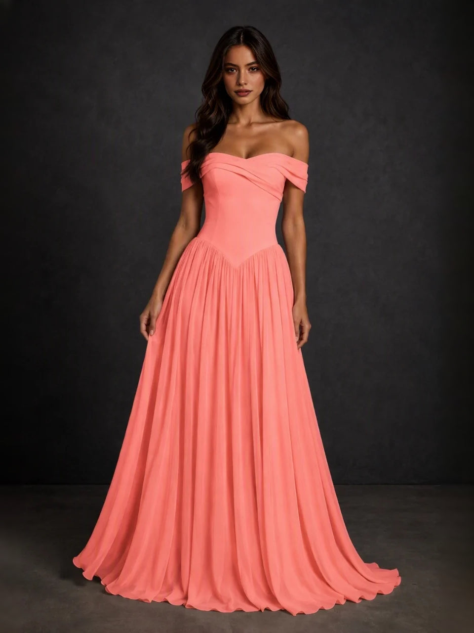 Coral pink off-shoulder sweetheart corset bodice with gathered A-line skirt, maxi length