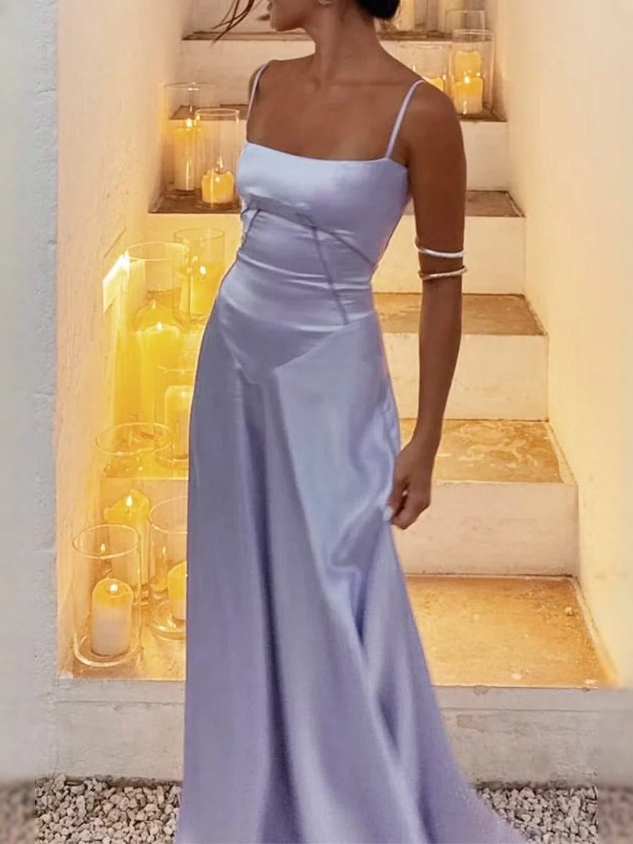 Lavender satin prom dress front view, spaghetti straps, fitted waist, long A-line skirt.